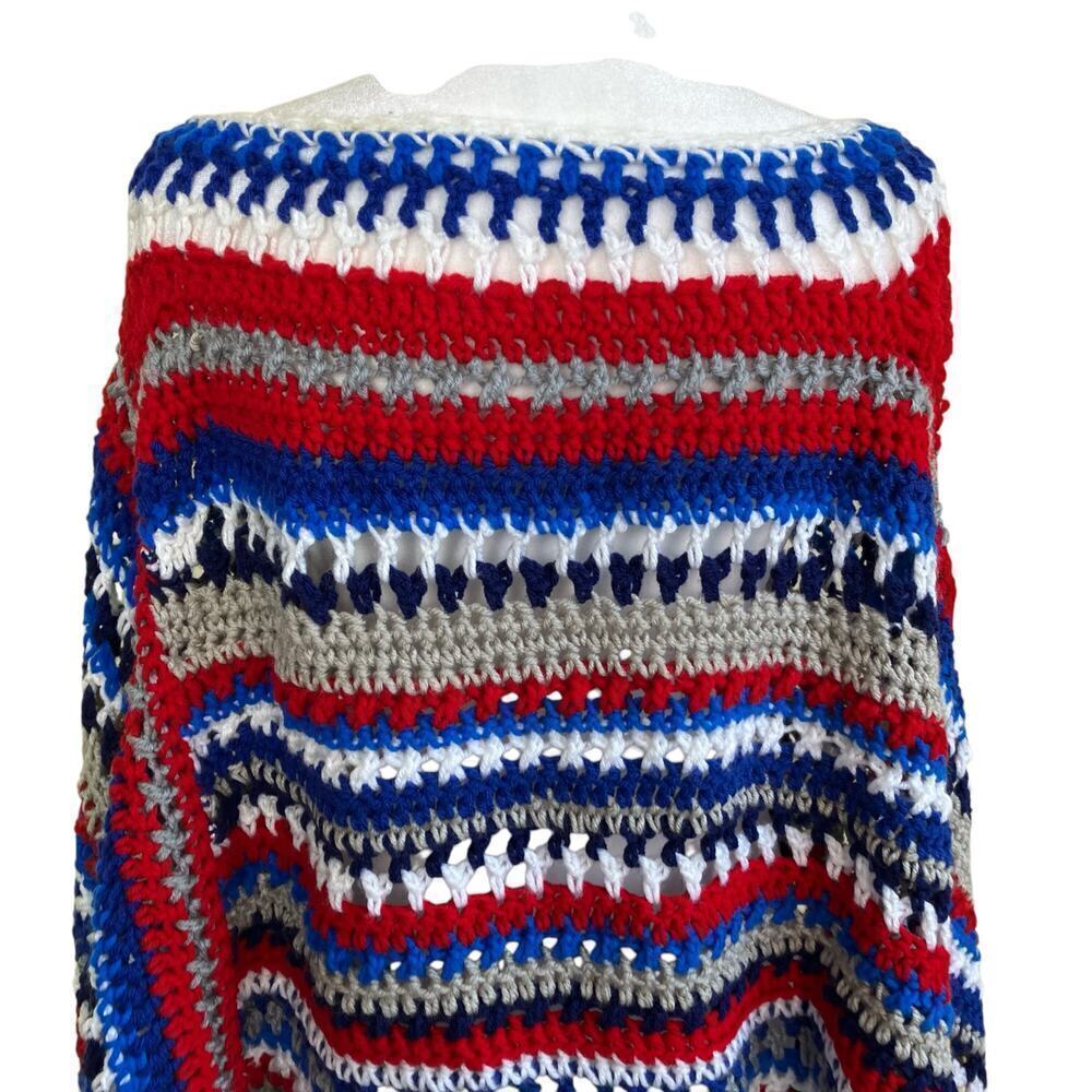 Handmade Boho Chunky Open Knit Crochet Poncho Patriotic Colors Textured OS - Picture 16 of 16